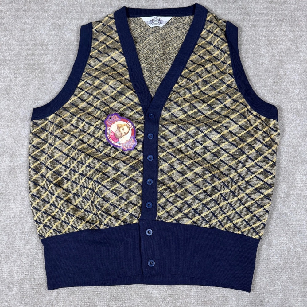 Vtg 70s LEVI'S PANATELA Sportswear Cardigan Vest Blue Gold Diamond Grandpa NWT